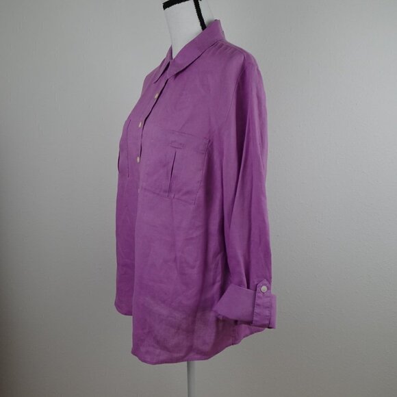 Investments Linen Blouse Top Women's 14W Purple Roll Tab Sleeves - Picture 3 of 9